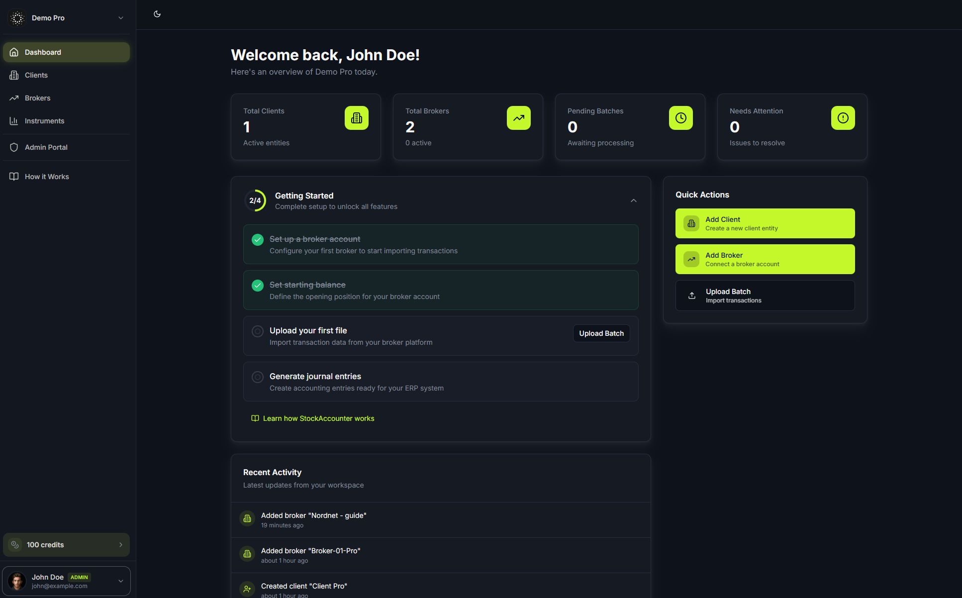 StockAccounter dashboard, overview of clients, brokers and transactions